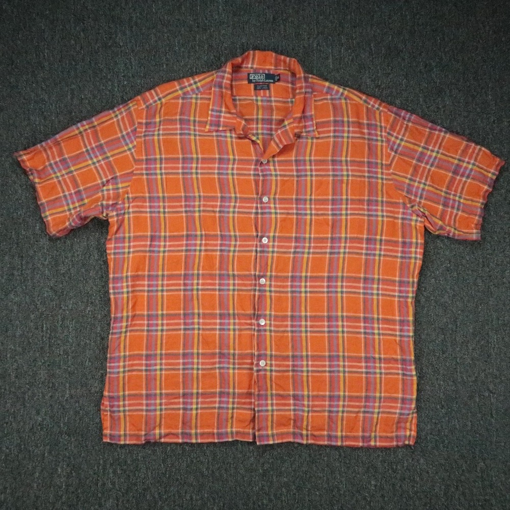 Polo Ralph Lauren Shirt Mens XL Orange Red Clayton Plaid Short Sleeve Linen VTG